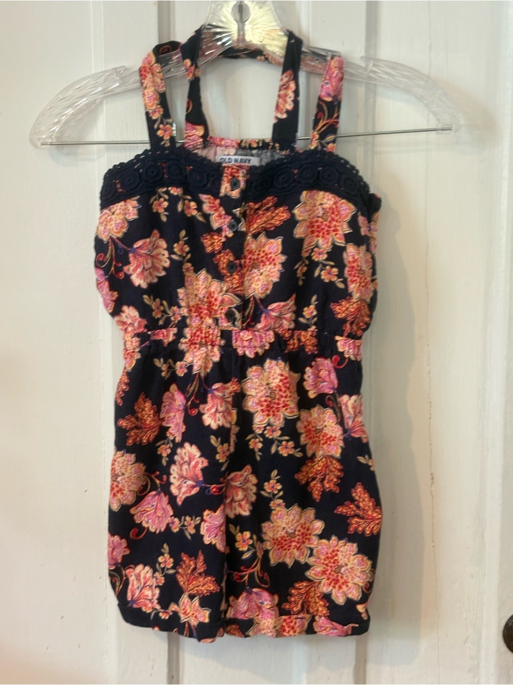 Old Navy Navy Floral Girls' One-Piece Romper with Pink and Coral Flowers